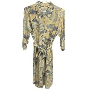 Soft Surroundings Yellow and Gray Palm-Print Long Sleeve Shirt Dress